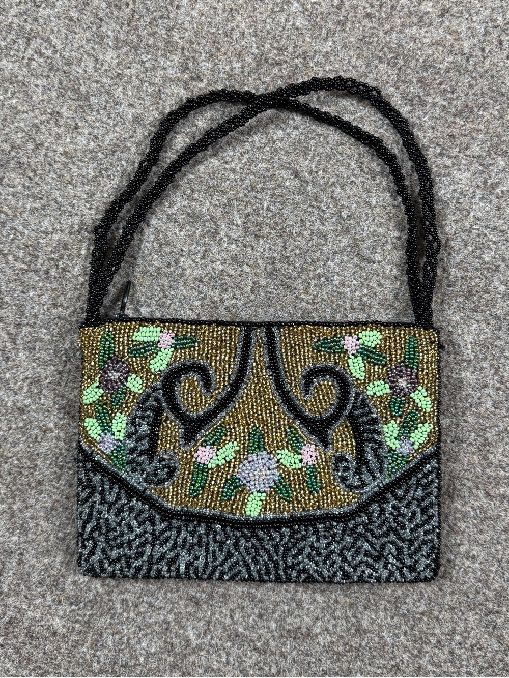 Christiana Beaded Mini Top Handle Evening Bag Floral Art Deco Vintage Zip Pouch